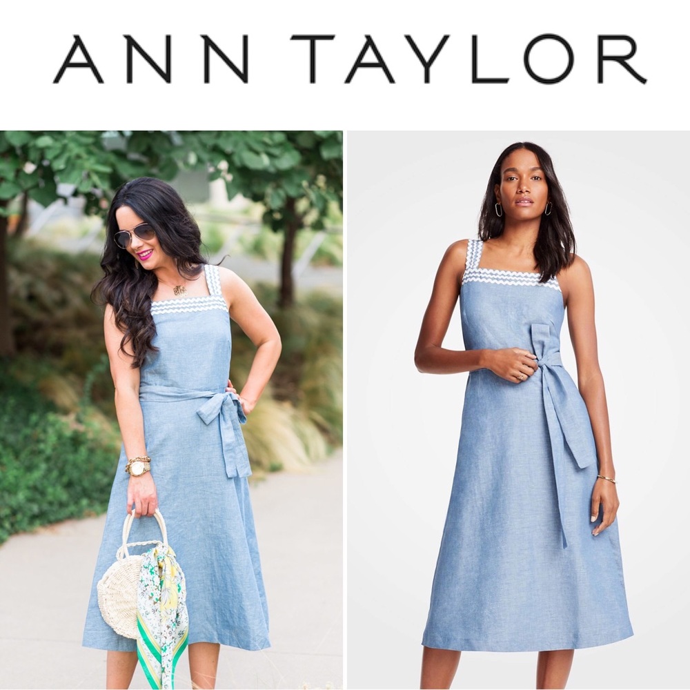 🆕👗 Wavy Trim Chambray Midi Dress ANN TAYLOR